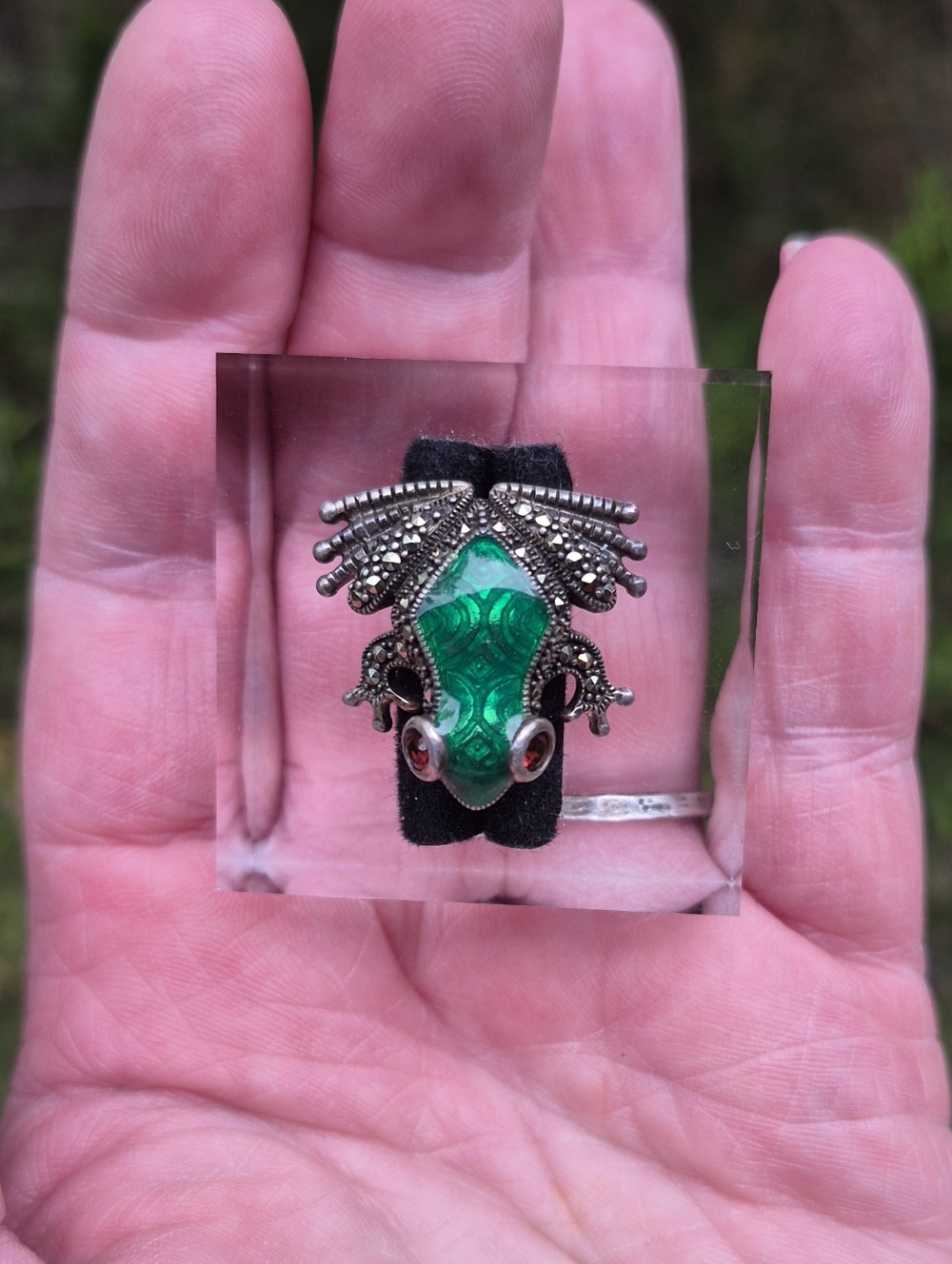 Vintage Sterling Silver 925 Guilloche Enamel Garnet Marcasite Frog Brooch Pin - Picture 8 of 10